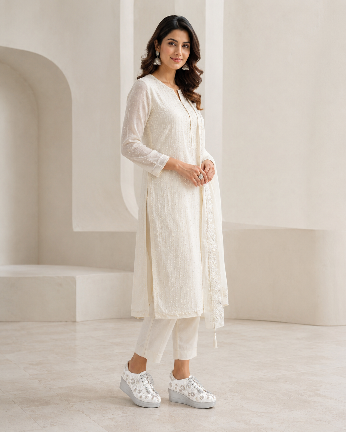 Professional model wearing Zaynaa white and silver embroidered shoes