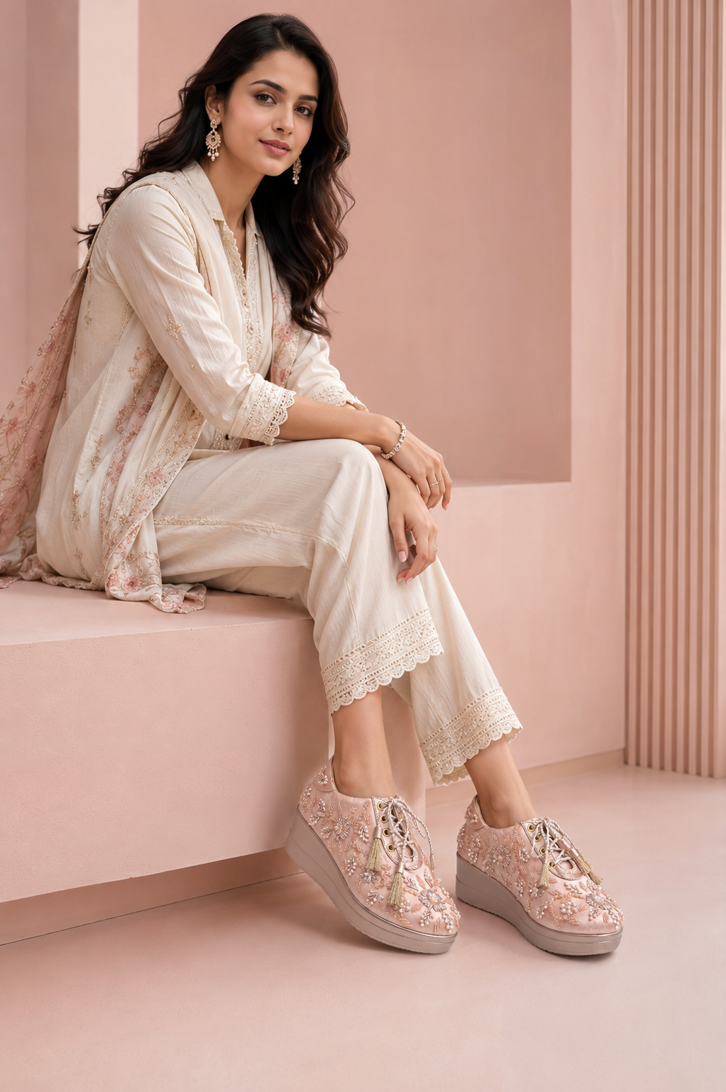 Professional model wearing Zaynaa blush floral hand-embroidered wedge shoes