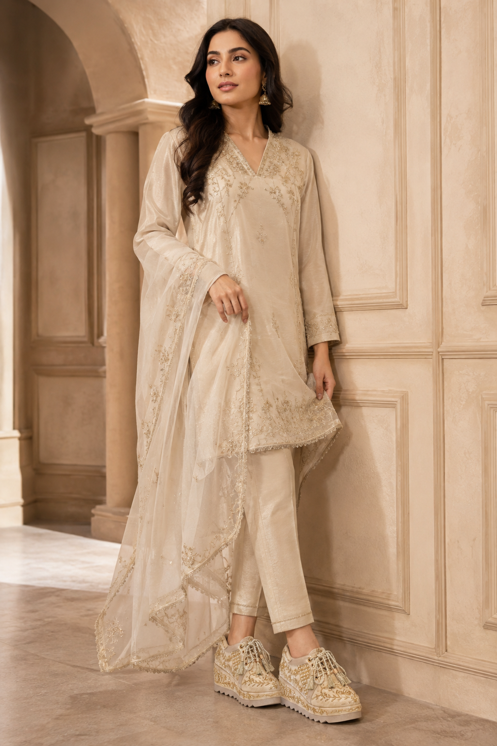 Professional model styling Zaynaa gold embroidered celebration platform footwear