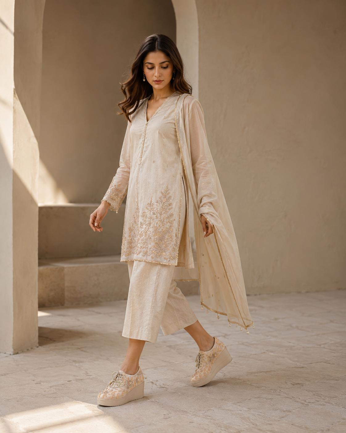 Professional model wearing Zaynaa handcrafted ivory embroidered wedge footwear