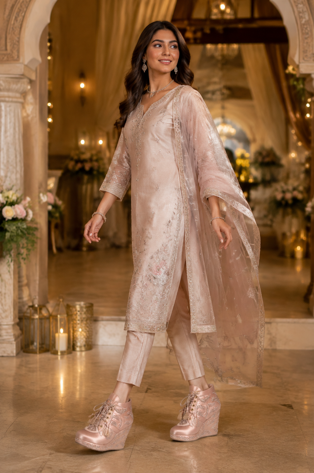 Professional model wearing Zaynaa rose satin embroidered wedge shoes
