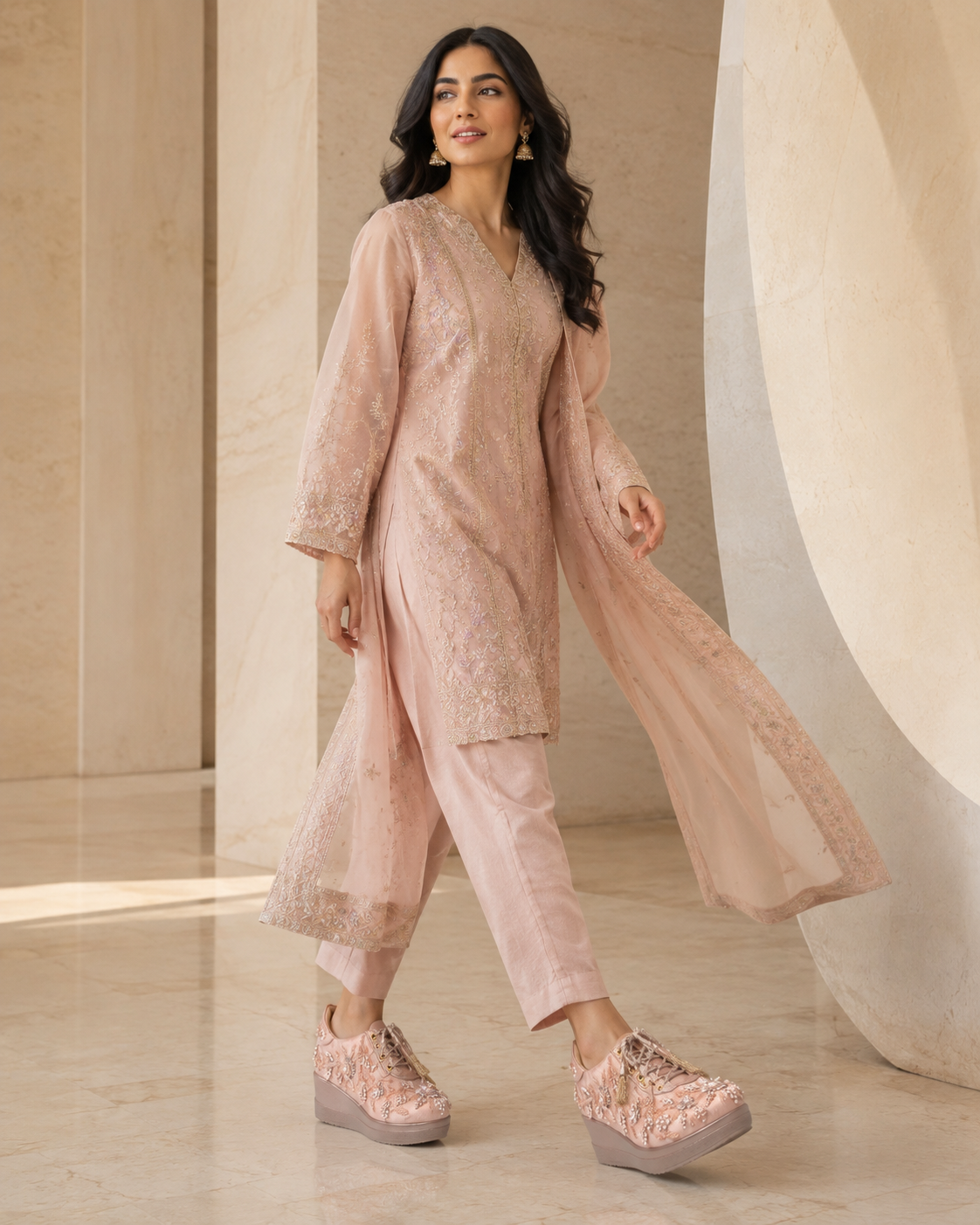 Model wearing blush pink pearl-embroidered festive wedges