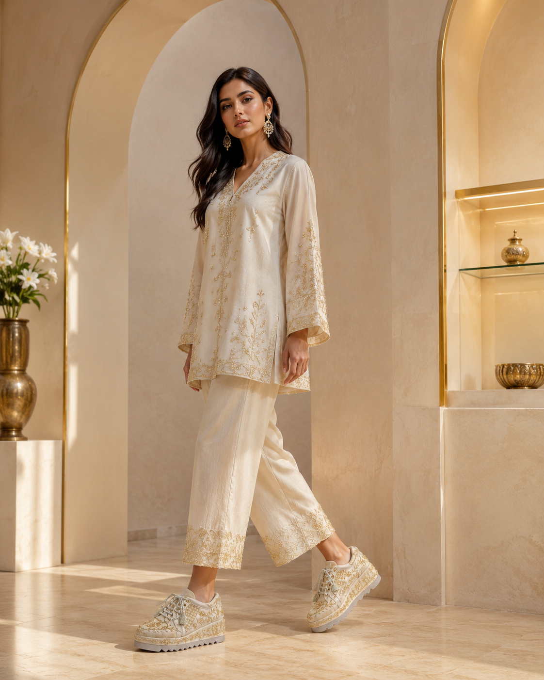 Model wearing champagne-gold embroidered celebration platforms