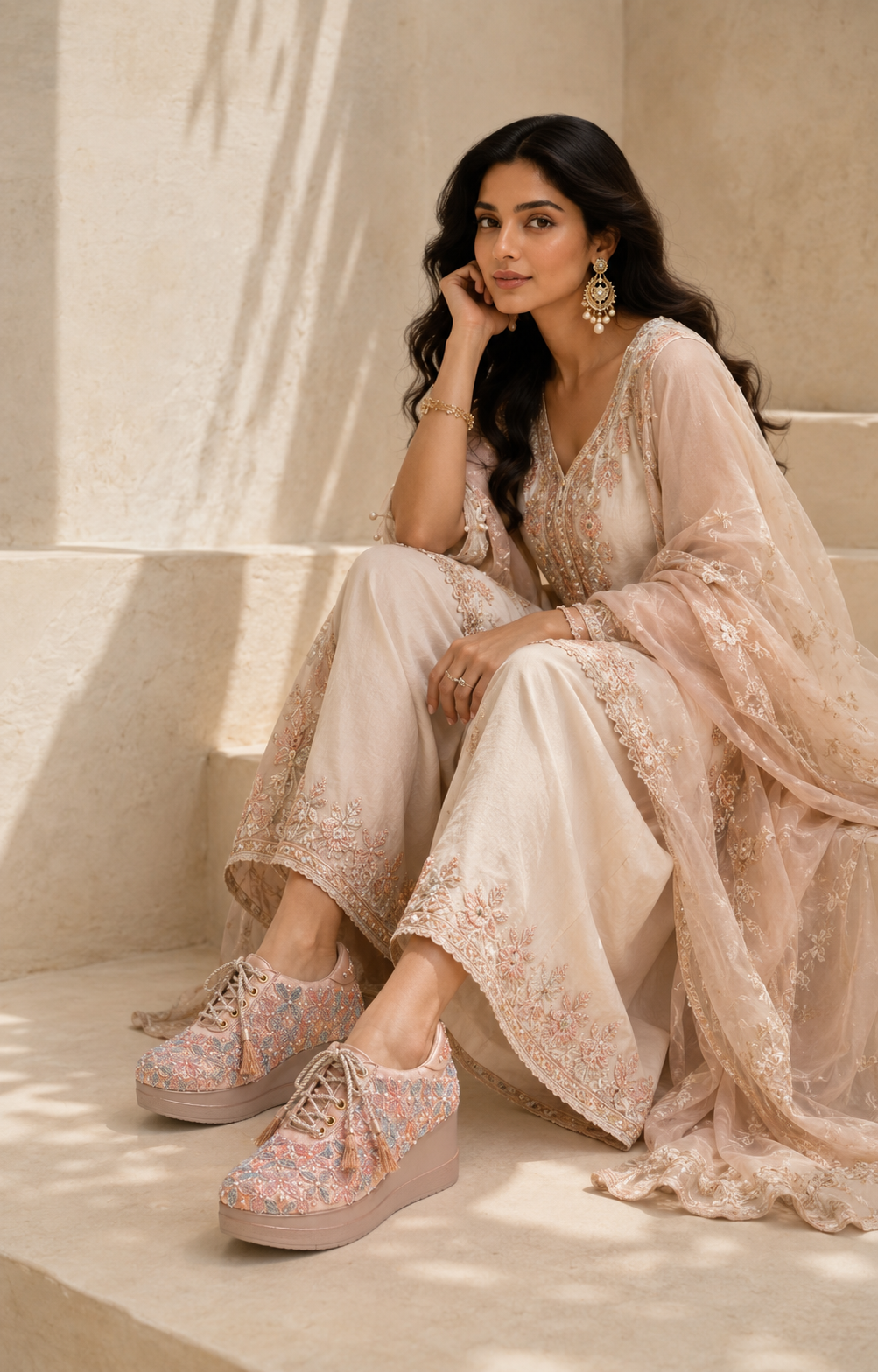 ZAYNAA professional model wearing pink floral embroidered wedges